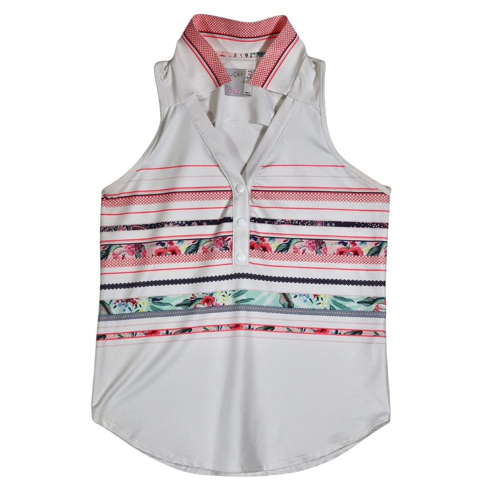 Lucky in Love Sleeveless Polo Womens XS White Floral Stripe Golf Tennis Athletic